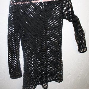 Hooded black mesh swim coverup